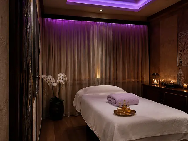 Mor ışıklı, mumlarla hazırlanmış masaj odası — Cevizlibağ, Masaj Salonun